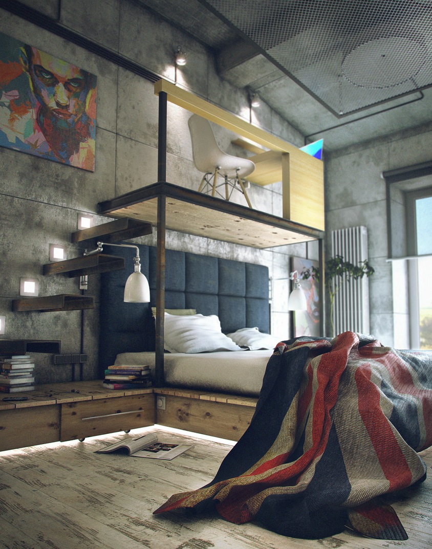 Chambre à deux niveaux avec un bureau sur une mezzanine